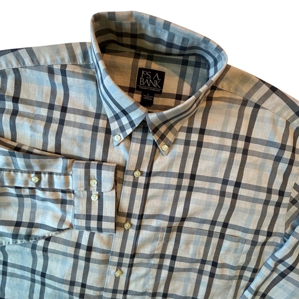Jos A Bank Travelers Collection Plaid Button Down Shirt Mens Large Grey Blue L